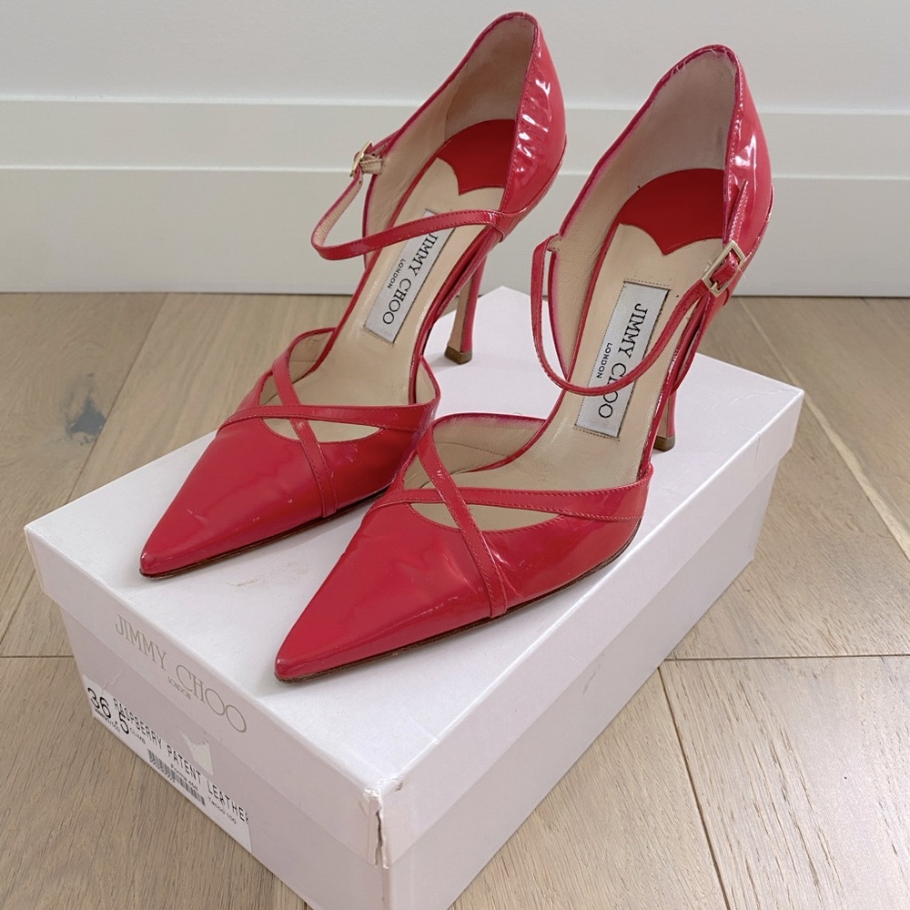 JIMMY CHOO Raspberry Patent Leather Pointed Toe Pumps 36.5